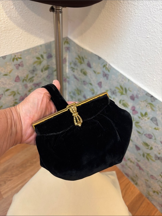 Handbags - Vintage 1920’s Black Velvet Evening Clutch with Gold Bow Rhinestone Accent.